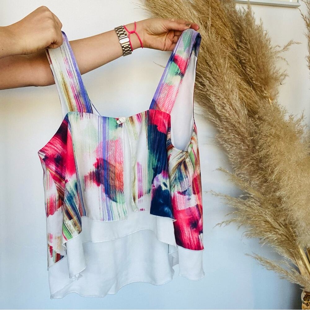 TYCHE NORDSTROM White Rainbow Striped Print Ruffle Layer Tank Top Swing Blouse M - Picture 4 of 7